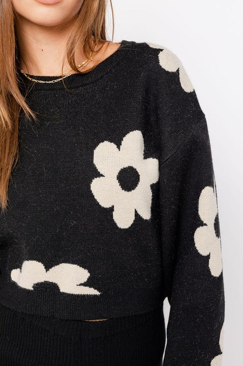 Cute Floral Daisy Pattern Long Sleeve Cropped Sweater