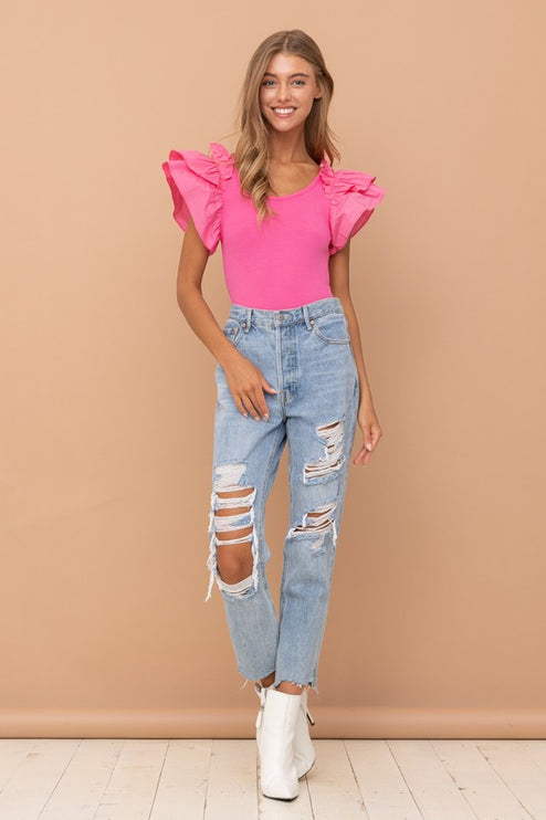 Gorgeous Solid Puff Ruffled Shoulder Short Sleeves Soft Jersey Bodysuit - Accessoriesforever