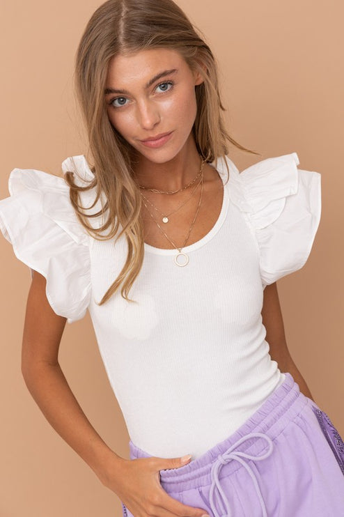 Gorgeous Solid Puff Ruffled Shoulder Short Sleeves Soft Jersey Bodysuit - Accessoriesforever