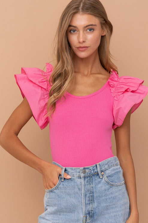 Gorgeous Solid Puff Ruffled Shoulder Short Sleeves Soft Jersey Bodysuit