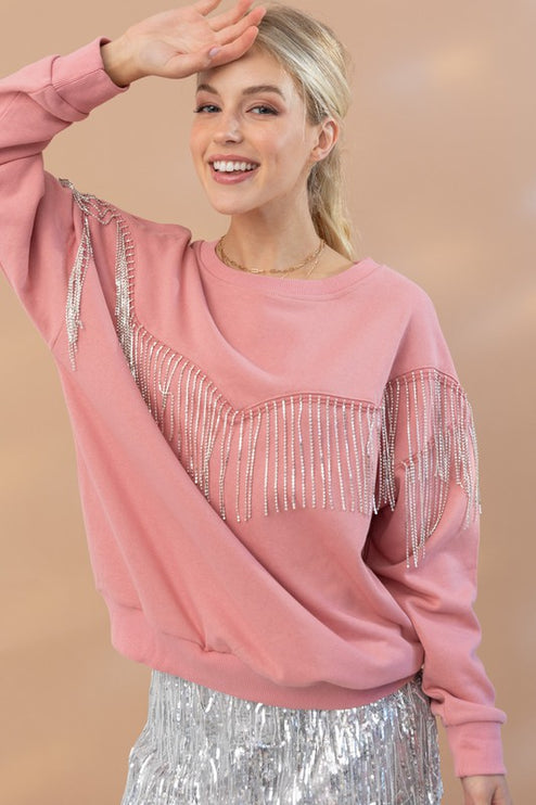 Chic French Terry Rhinestone Fringe Fashion Pullover Top
