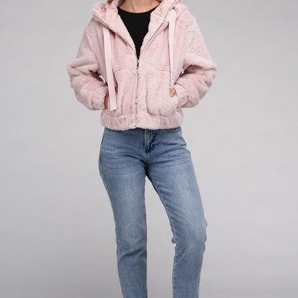 Plush Cropped Teddy Hoodie with Zip-Up Front and Drawstring Hood