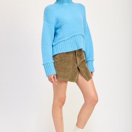 Cozy Light Blue Turtle Neck Sweater with Ribbed Hem