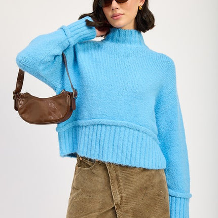 Cozy Light Blue Turtle Neck Sweater with Ribbed Hem