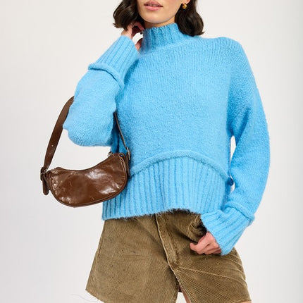 Cozy Light Blue Turtle Neck Sweater with Ribbed Hem