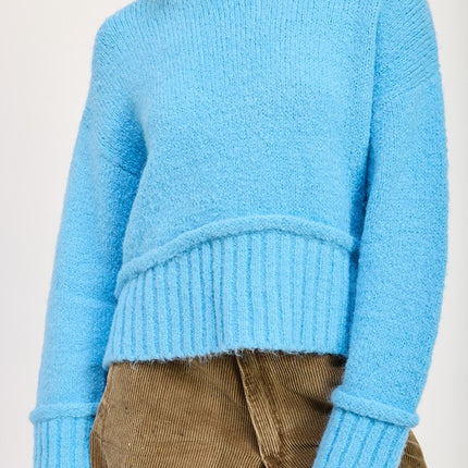 Cozy Light Blue Turtle Neck Sweater with Ribbed Hem