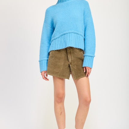 Cozy Light Blue Turtle Neck Sweater with Ribbed Hem