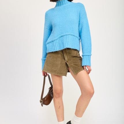 Cozy Light Blue Turtle Neck Sweater with Ribbed Hem