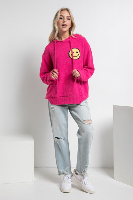 Cute Fuzzy Cozy Long Sleeve Hooded Smiley Sweater