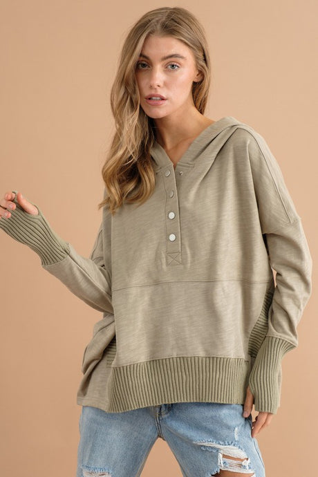 Oversized Snap Up Thumb hole Ribbed Edge Hooded Pullover