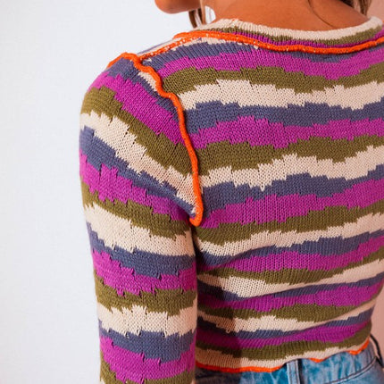 Chic Stylish Striped Long Sleeve Crop Knit Top