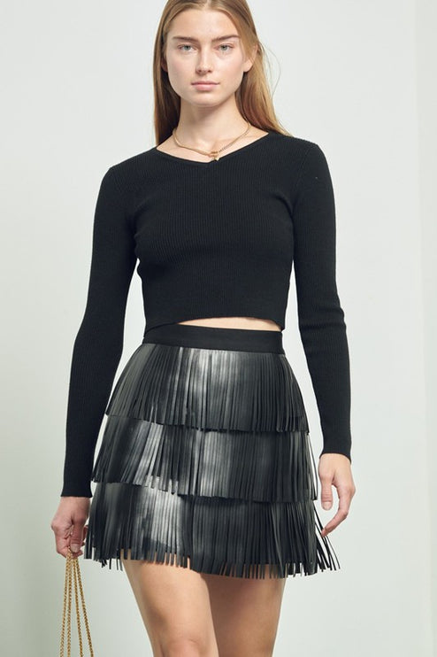 Sassy Faux Leather Fringe Mini Skirt with Side Zipper