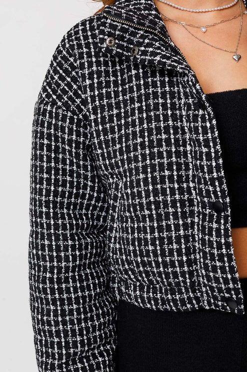 Cozy Fashion Plaid Tweed Cropped Puffer Jacket