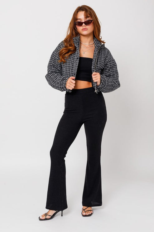 Cozy Fashion Plaid Tweed Cropped Puffer Jacket