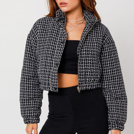 Cozy Fashion Plaid Tweed Cropped Puffer Jacket