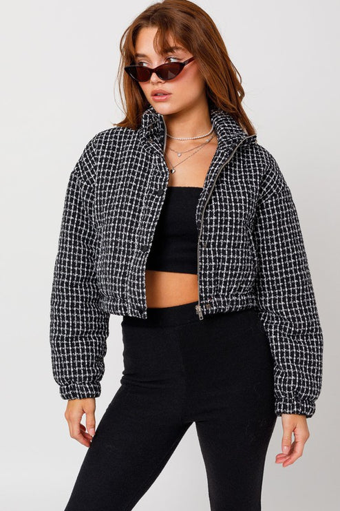 Cozy Fashion Plaid Tweed Cropped Puffer Jacket