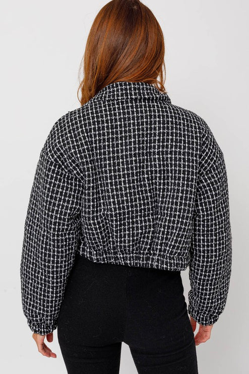 Cozy Fashion Plaid Tweed Cropped Puffer Jacket