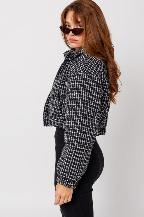 Cozy Fashion Plaid Tweed Cropped Puffer Jacket