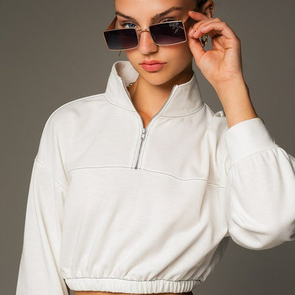 Causal Long Sleeve Elastic Waist Cropped Sweatshirt Top