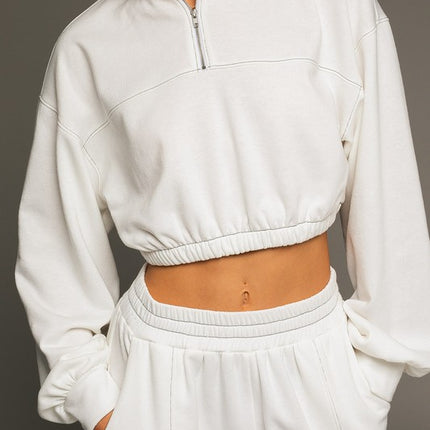 Causal Long Sleeve Elastic Waist Cropped Sweatshirt Top