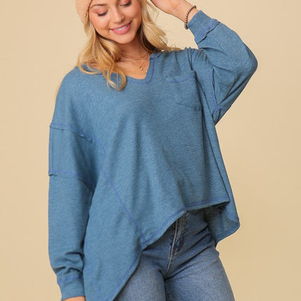 Thermal High Low V-Neck Long Sleeve Oversized Fashion Top