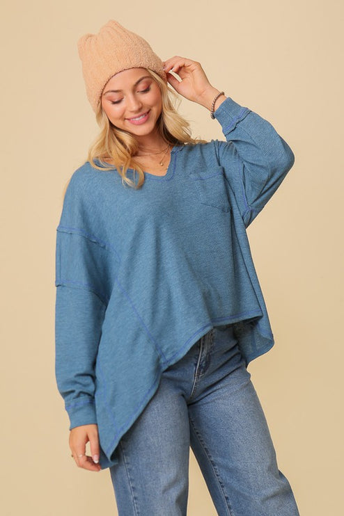 Thermal High Low V-Neck Long Sleeve Oversized Fashion Top