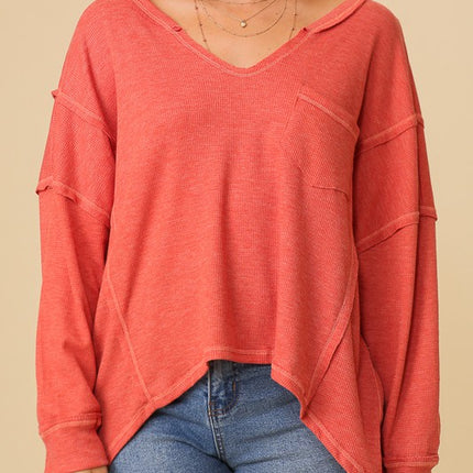 Thermal High Low V-Neck Long Sleeve Oversized Fashion Top
