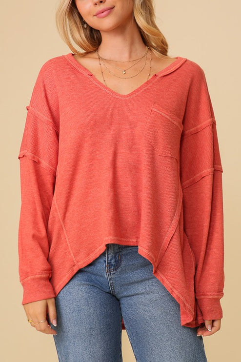 Thermal High Low V-Neck Long Sleeve Oversized Fashion Top