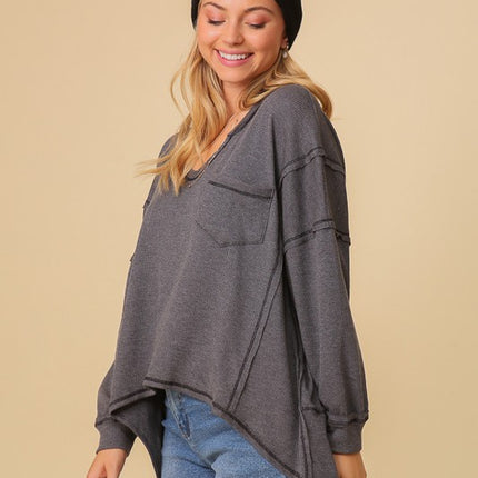 Thermal High Low V-Neck Long Sleeve Oversized Fashion Top