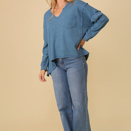 Thermal High Low V-Neck Long Sleeve Oversized Fashion Top