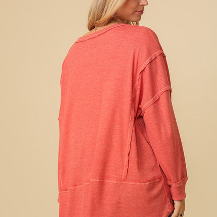 Thermal High Low V-Neck Long Sleeve Oversized Fashion Top