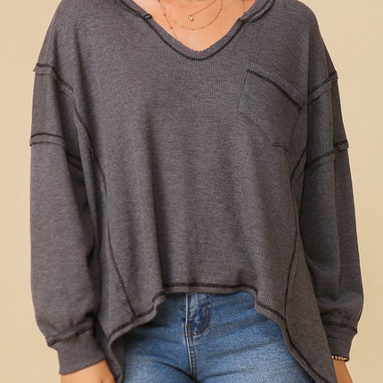 Thermal High Low V-Neck Long Sleeve Oversized Fashion Top