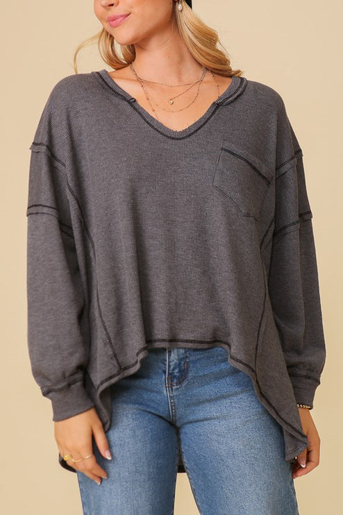 Thermal High Low V-Neck Long Sleeve Oversized Fashion Top