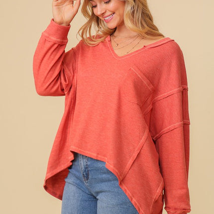 Thermal High Low V-Neck Long Sleeve Oversized Fashion Top