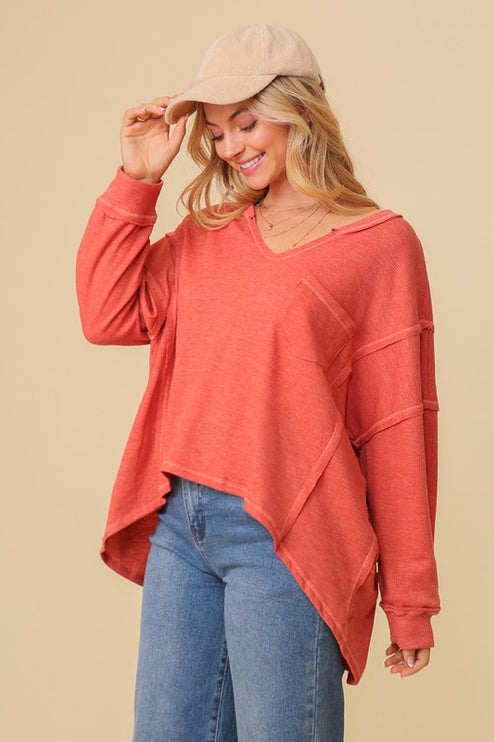 Thermal High Low V-Neck Long Sleeve Oversized Fashion Top