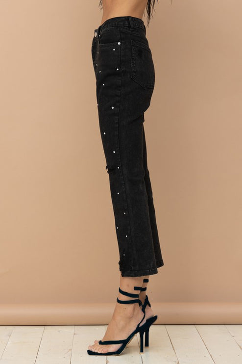 Studded Rhinestone Distressed Knee Edge Stretch High Rise Denim Jeans