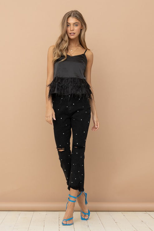 Studded Rhinestone Distressed Knee Edge Stretch High Rise Denim Jeans