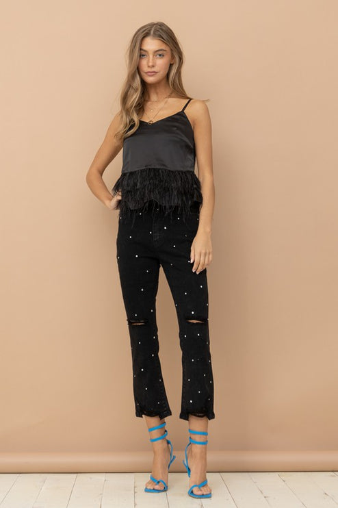 Studded Rhinestone Distressed Knee Edge Stretch High Rise Denim Jeans - Accessoriesforever