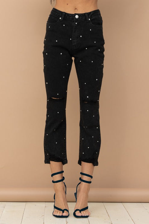 Studded Rhinestone Distressed Knee Edge Stretch High Rise Denim Jeans - Accessoriesforever