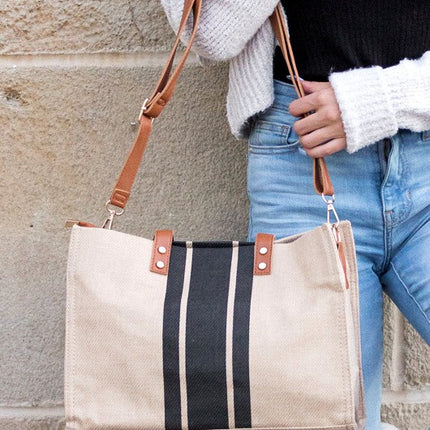 Casual Spacious Stripe Removable Strap Canvas Crossbody Bag Tote - Accessoriesforever