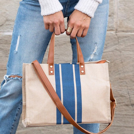 Casual Spacious Stripe Removable Strap Canvas Crossbody Bag Tote - Accessoriesforever