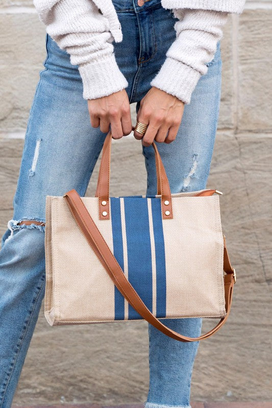 Casual Spacious Stripe Removable Strap Canvas Crossbody Bag Tote
