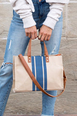 Casual Spacious Stripe Removable Strap Canvas Crossbody Bag Tote