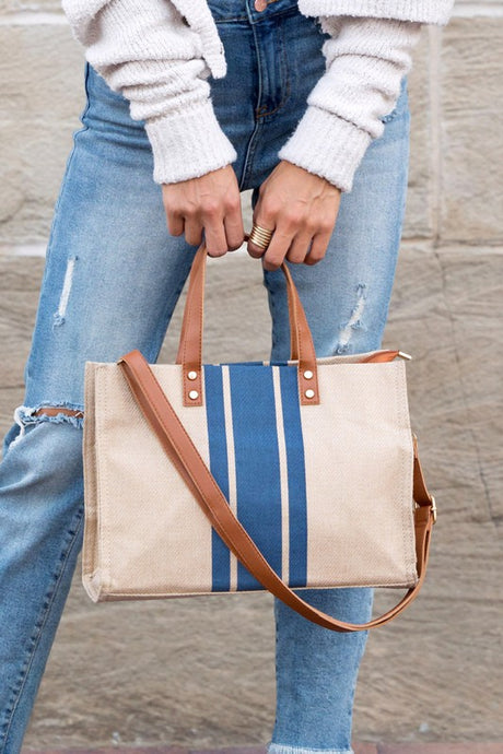Casual Spacious Stripe Removable Strap Canvas Crossbody Bag Tote