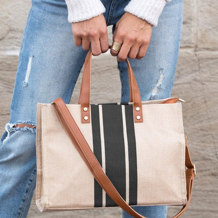 Casual Spacious Stripe Removable Strap Canvas Crossbody Bag Tote - Accessoriesforever
