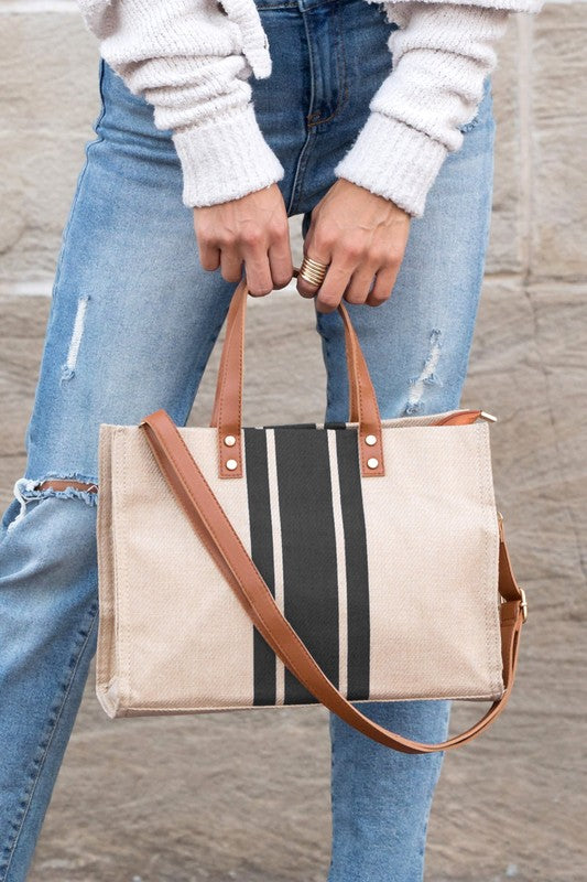 Casual Spacious Stripe Removable Strap Canvas Crossbody Bag Tote