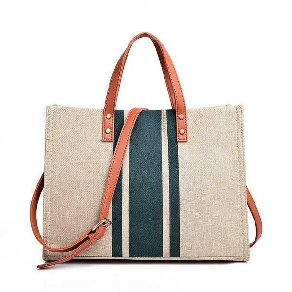 Casual Spacious Stripe Removable Strap Canvas Crossbody Bag Tote