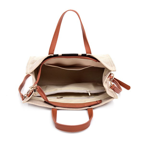 Casual Spacious Stripe Removable Strap Canvas Crossbody Bag Tote