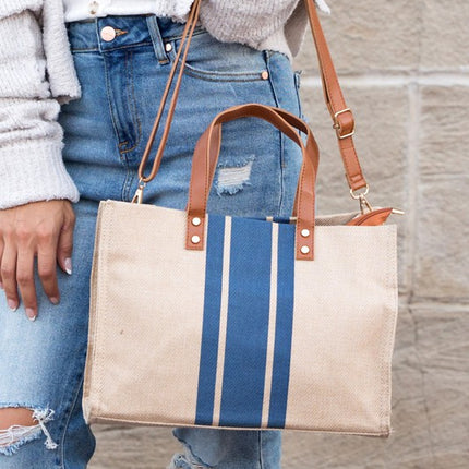 Casual Spacious Stripe Removable Strap Canvas Crossbody Bag Tote - Accessoriesforever