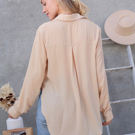 Classic Trendy Solid Long Sleeve Button Down Chiffon Blouse Shirt